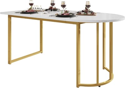 Eettafel Marmerlook - Keukentafel Woonkamer - Gezellig Tafelen - Stabiel Metalen Frame - 138 x 80 cm - Goud Wit