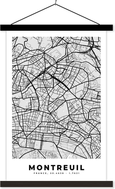 Posterhanger incl. Poster 40x60 cm - Schoolplaat - Stadskaart - Frankrijk - Kaart - Montreuil - Plattegrond - Textielposter - Zwarte latten - Stadskaart