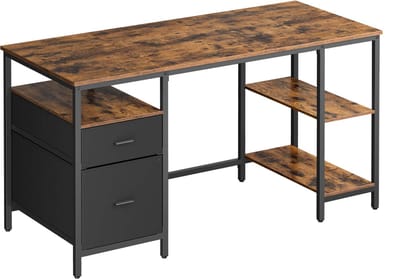 Computerbureau Bureau Schrijftafel Minimalistisch industrieel design Met verstelbare poten 3 planken en 2 lades Stevig duurzaam metalen frame Eenvoudig te monteren Geschikt voor thuiskantoor en studeerkamer 60x140x76cm Vintagebruin+Zwart