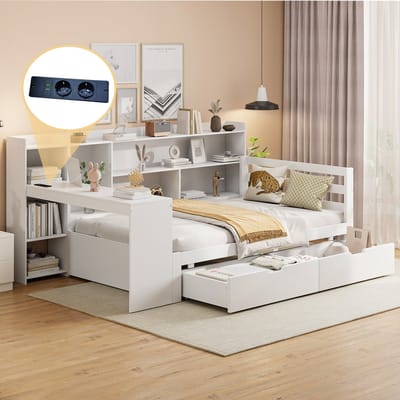 STILVORA Eenpersoonsbed 90x200 cm – Multifunctioneel slaapbank met bureau & opbergruimte – 2 lades, USB/stopcontact – Massief hout – Wit – Zonder matras