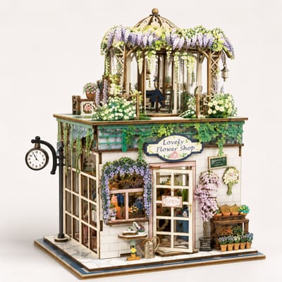 3D Houten Puzzel Bloemenwinkel – DIY Miniatuur Flower Shop Bouwpakket met Licht – Street View Series – 243 Stukjes