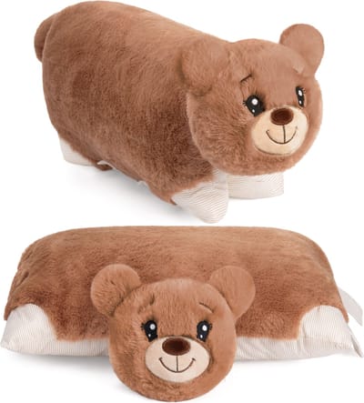 Knuffeldier Kussenbeer - 2 in 1 Teddybeer en Knuffelkussen - 40 x 30 cm Pluche Dier - Opvouwbaar Kinder Pluche Kussen met Klittenband - Dierenkussen Zacht Speelgoed Teddy - Bruin