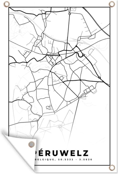 Muurdecoratie Plattegrond – Péruwelz – Zwart Wit – Stadskaart - Kaart - België - 120x180 cm - Tuinposter - Tuindoek