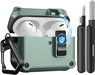 Beschermhoes voor AirPods Pro 3 (2025) met Beveiligingsclip, Automatische Pop-up en Schoonmaakset - Duurzame Hard Cover met Klimghaak en Volledige Bescherming in Cyan en Zwart
