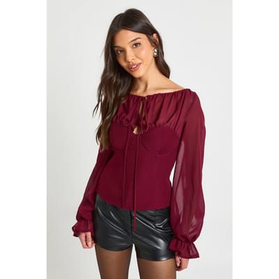 boohoo Dames Chiffon Crepe Blouse met hoge hals | Burgundy | Maat: 6
