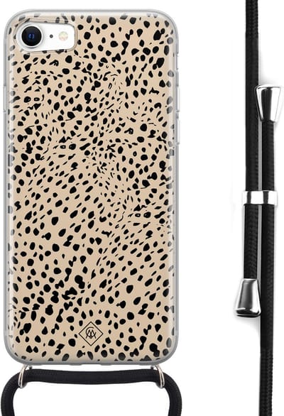 Casimoda® hoesje met koord - Geschikt voor iPhone SE (2020) - Stippen bruin abstract - Afneembaar koord - Siliconen/TPU - Bruin/beige