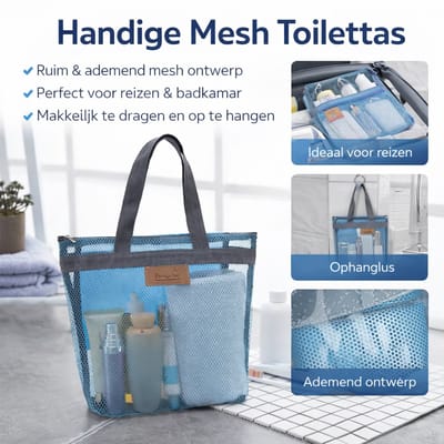 Grote Toilettas met Gaas – Draagbare Douchetas met Rits – Badkamer Organizer met Handvatten – Reistas, Strand- en Zwemtas
