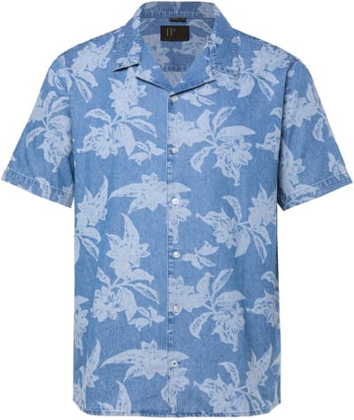 JP 1880 - Heren - overhemd in denimlook korte mouwen Cubaanse kraag Cubaanse fit - Licht blauw denim - Maat 6XL
