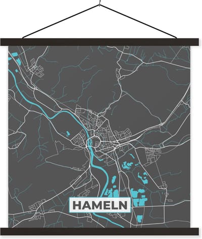 Posterhanger incl. Poster 120x120 cm - Schoolplaat - Stadskaart – Plattegrond – Duitsland – Blauw – Hameln – Kaart - Textielposter - Zwarte latten - Stadskaart
