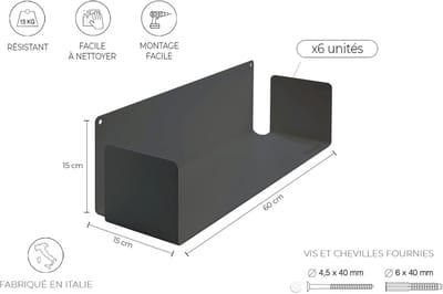 Boekenkast Wandplanken Set van 6 – Casa Velluto Gravita 60 cm Zwevende Wandplank – Onzichtbaar Design – Metalen Wandrek van Gelegeerd Staal – Wandbibliotheek – Grijs – Made in Italy