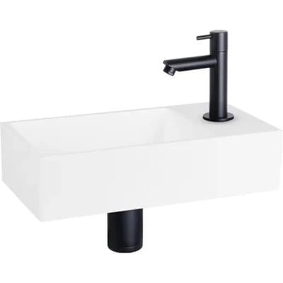 Differnz Solid Fonteinset - Solid Surface Fontein met Kraan Recht Mat Zwart - Slijtvast en Krasbestendig - Hygiënisch Zonder Poriën of Naden - Afmeting 36 x 18,5 x 9 cm