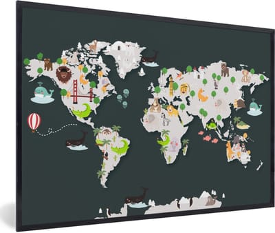 Poster in lijst - Fotolijst 90x60 cm - Posters - Wereldkaart - Dieren - Grijs - Posterlijst zwart - Decoratie - Wanddecoratie woonkamer - Muurdecoratie slaapkamer