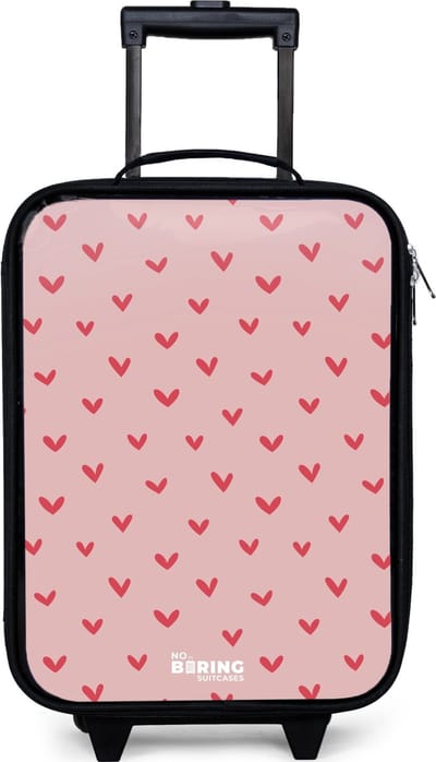 NoBoringSuitcases.com® - Kinderkoffer jongen - Kindertrolley meisje - Hartjespatroon met roze kleuren - Koffer kind lichtgewicht - Reiskoffer trolley voor kinderen - Koffertje met lichtgevende wieltjes - Rolkoffer zwart