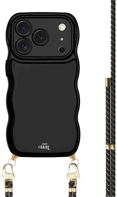 xoxo Wildhearts Glossy Wavy Cord Case Black - Gold Goddess - geschikt voor iPhone 17 Pro Max - hoesje met koord - telefoonkoord met gouden details - golvend hoesje - silicone case - schokbestendig - zwart
