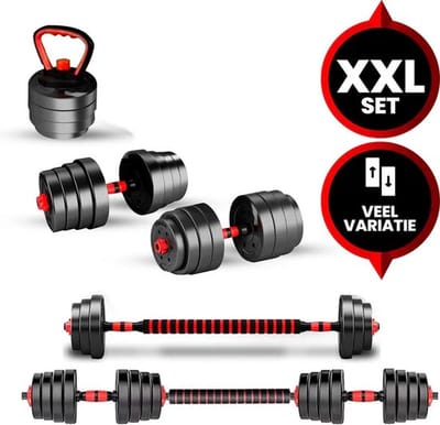 Venom Sports verstelbare dumbbell set tot 20kg - professionele 3-in-1 halterset gewichten - dumbbells, halterstang en kettlebells - zwart