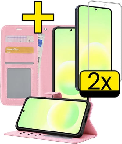 Hoesje - Met 2x Screenprotector - Geschikt voor Samsung Galaxy A57 - Luxe Pasjeshouder - Bookcase Portemonee - Flip Case - Kunstleer Book Case - Flipcase Hoes - Book Cover - Walletcase - Portemonneehoes - Telefoonhoesjes - Lichtroze