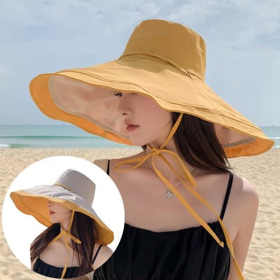 Dames 18cm Extra Grote Rand Omkeerbare Bucket Hat Koreaanse Stijl UV-Bescherming Zonnehoed Voor Zomer Gezichtsbescherming Buiten Dagelijks beige