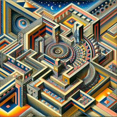 Olieverf escher schilderij | Escheriaans meesterwerk in olieverf: Illusie van oneindige complexiteit en diepte | Kunst - 30x30 centimeter op Dibond | Foto op Dibond
