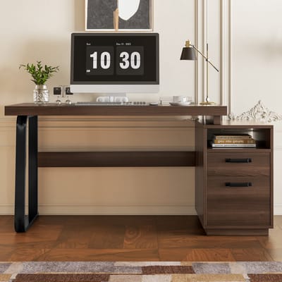 MODFU - Bureau - Open Opbergvak En Lade - Eenvoudig Ontwerp - Voor Kantoor Of Werkkamer - MDF En Metaal - Bruin - 135 x 54 cm