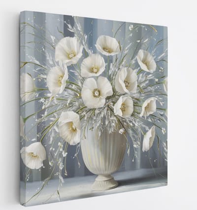 Saammp Canvas Schilderij - Witte Bloemen in Vaas - Natuur - Abstract - 20x20 - Foto op canvas - Wanddecoratie - Muurdecoratie Woonkamer - Kantoor Decoratie