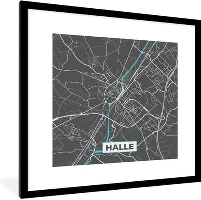 Fotolijst incl. Poster - België – Halle – Stadskaart – Kaart – Blauw – Plattegrond - 40x40 cm - Posterlijst
