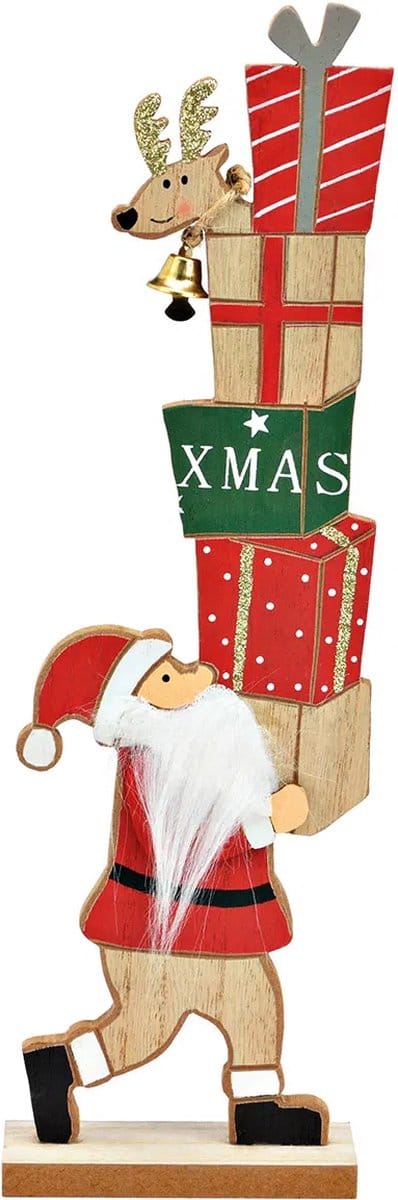 Houten kerstdecoratie kerstman met stapel cadeaus 30cm hoog
