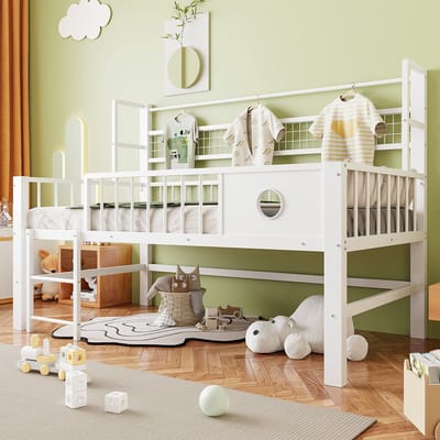 KOMHTOM - Kinderbed - 90 x 200 cm - laag hoogslaper - metalen frame - opbergvakken - geschikt voor kinderen en tieners - wit