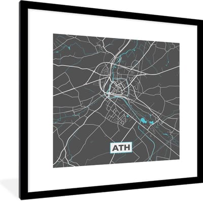 Fotolijst incl. Poster - België – Ath – Stadskaart – Kaart – Blauw – Plattegrond - 40x40 cm - Posterlijst