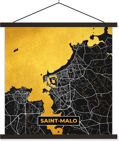 Posterhanger incl. Poster 60x60 cm - Schoolplaat - Plattegrond – Saint-Malo – Stadskaart – Kaart – Frankrijk - Textielposter - Zwarte latten - Stadskaart