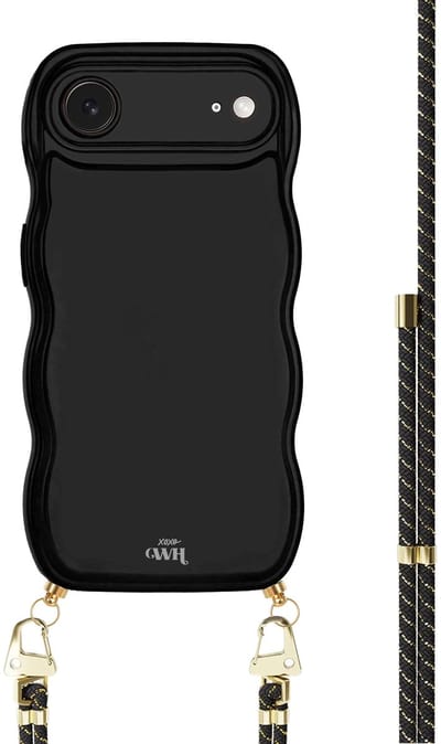 xoxo Wildhearts Glossy Wavy Cord Case Black - Gold Goddess - geschikt voor iPhone 17 Air - hoesje met koord - telefoonkoord met gouden details - golvend hoesje - silicone case - schokbestendig - zwart