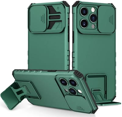 Cityhoesje - iPhone 15 Pro Max- Slide Camera Lid – BackCover - Anti-drop Kickstand - Groen