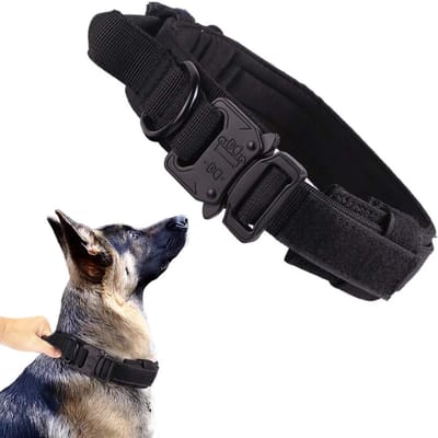 Tactische hondenhalsband, verstelbaar, nylon halsband met metalen gesp, slijtvast, tactische outdoorhalsband met controlegreep voor middelgrote honden (M, zwart)