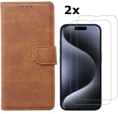 Hoesje Geschikt voor iPhone 15 Pro hoesje bookcase met 2x screenprotector – Bruin