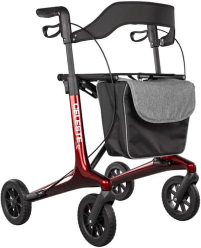 Celeste Carbon Rollator - Ultra Lichtgewicht 5,3 kg - Rood - Dempingsbanden- Luxe afsluitbare tas