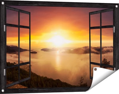 Gards Tuinposter Doorkijk Zonsondergang in de Bergen met Wolken - 90x60 cm - Tuindoek - Tuindecoratie - Wanddecoratie buiten - Tuinschilderij