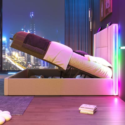 USB-C oplaadfunctie, APP-besturing LED verlichting, 160x200, opbergbed, houten lattenbodem, beige linnen, zonder matras