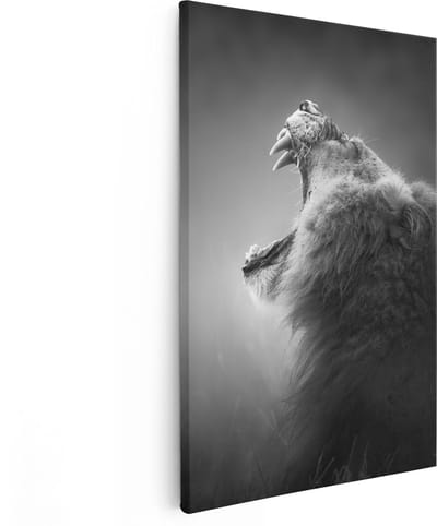 Artaza Canvas Schilderij Brullende Leeuw - Zwart Wit  - 80x120 - Groot - Foto Op Canvas - Canvas Print
