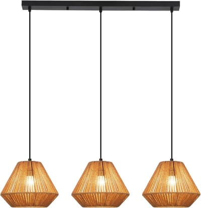 Glitzerlife - Hanglampen - Boho Retro Design - 3xE27 - Hoogte Verstelbaar - Papierseil IJzer - Ø25cm - Zwart Lichte Rood - Hanglamp Eetkamer Woonkamer Slaapkamer