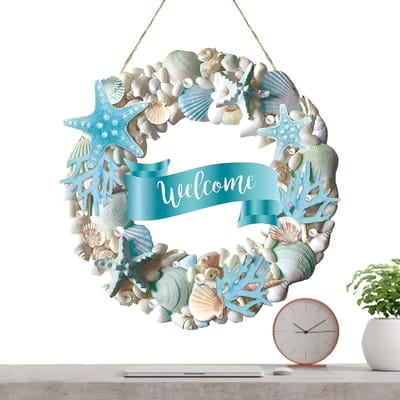 Decoratie voor buiten - Deurbord met groeten - Entree verfraaien - Rustieke kustkrans - 30 cm - Zeeschelp ontwerp