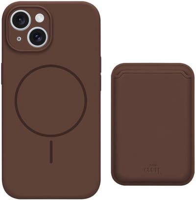 xoxo Wildhearts siliconen hoesje met magnetische kaarthouder (bruin) - Geschikt voor iPhone 15 MagSafe - Silicone case met wallet - ruimte voor pasjes - pasjeshouder - shockproof telefoonhoesje