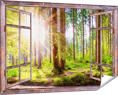 Gards Tuinposter Doorkijk Bos met Zon tussen de Bomen - 150x100 cm - Tuindoek - Tuindecoratie - Wanddecoratie buiten - Tuinschilderij
