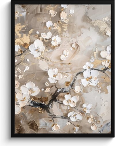 Poster in lijst - Fotolijst 60x80 cm - Posters - Bloemen - Wit - Goud - Beige - Luxe - Posterlijst zwart - Decoratie - Wanddecoratie woonkamer - Muurdecoratie slaapkamer