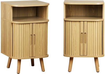sweeek - Set van 2 nachtkastjes met 2 schuifdeuren + 1 gegroefd vak met houteffect, b 40 x d 40 x h 70cm