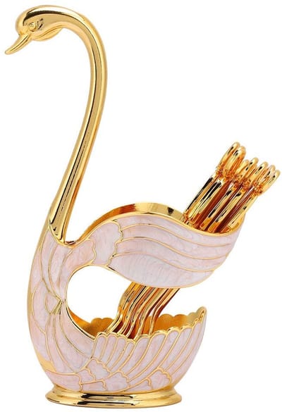 Dailygoods- Theezakjeshouder Goud - Zwanenbasis Houder - Koffielepels Set - 6 Lepels - Metalen Keukengerei - Hoogwaardige Duurzaamheid - Bestekhouder