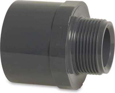 Mega Puntstuk PVC-U 50/63 mm x 1" lijmmof/spie x buitendraad 10bar grijs