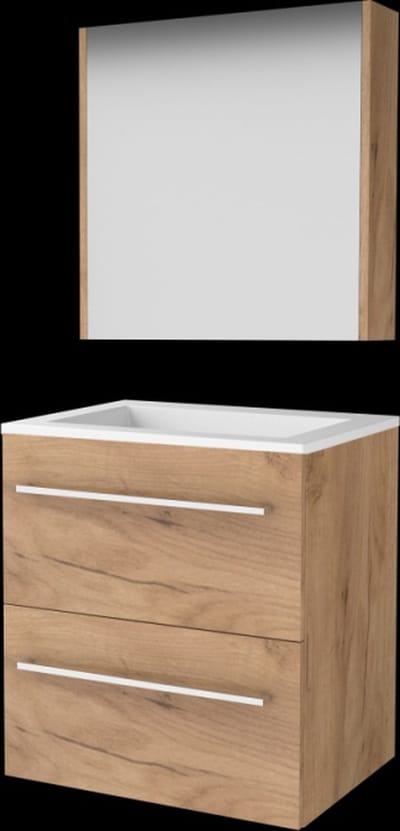 Basic Comfort 46 badmeubelset met spiegelkast, wastafelonderkast met grepen, 2 lades en acryl wastafel zonder kraangaten 60 x 46 cm, whisky oak