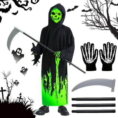 Halloween Kostuum voor Kinderen - Heinse Man met Kap en Zeis - Spooky Ghost Face Outfit voor Jongens en Meisjes