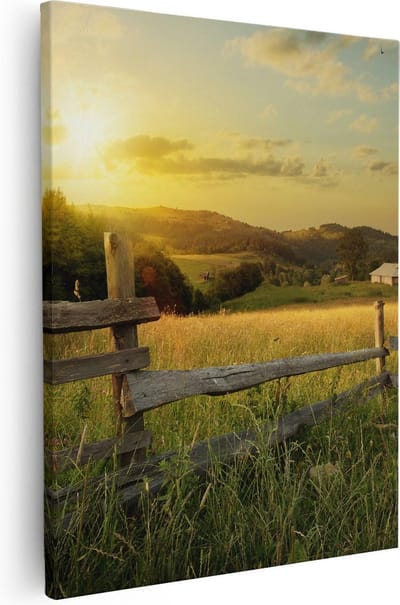 Artaza Canvas Schilderij Zonsondergang Platteland - 40x50 cm - Wanddecoratie Vogels - Muurdecoratie Weiland - Kamer Accessoires