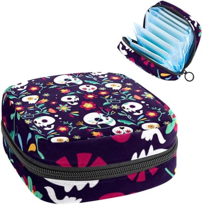 Opbergtas Maandverband - Menstruatiecup Zakje - Privacy Beschermen - Zacht Vlokdoek Materiaal - 17 x 17 x 12 cm - Bloemenschedels