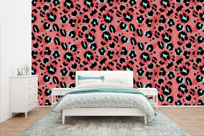 Behang - Fotobehang Panterprint - Roze - Blauw - Patroon - Breedte 400 cm x hoogte 240 cm